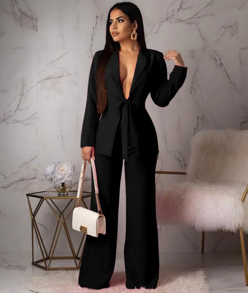 V Lace-Up Long Sleeve Blazer Jacket Wide Leg Pants Two-Piece Set