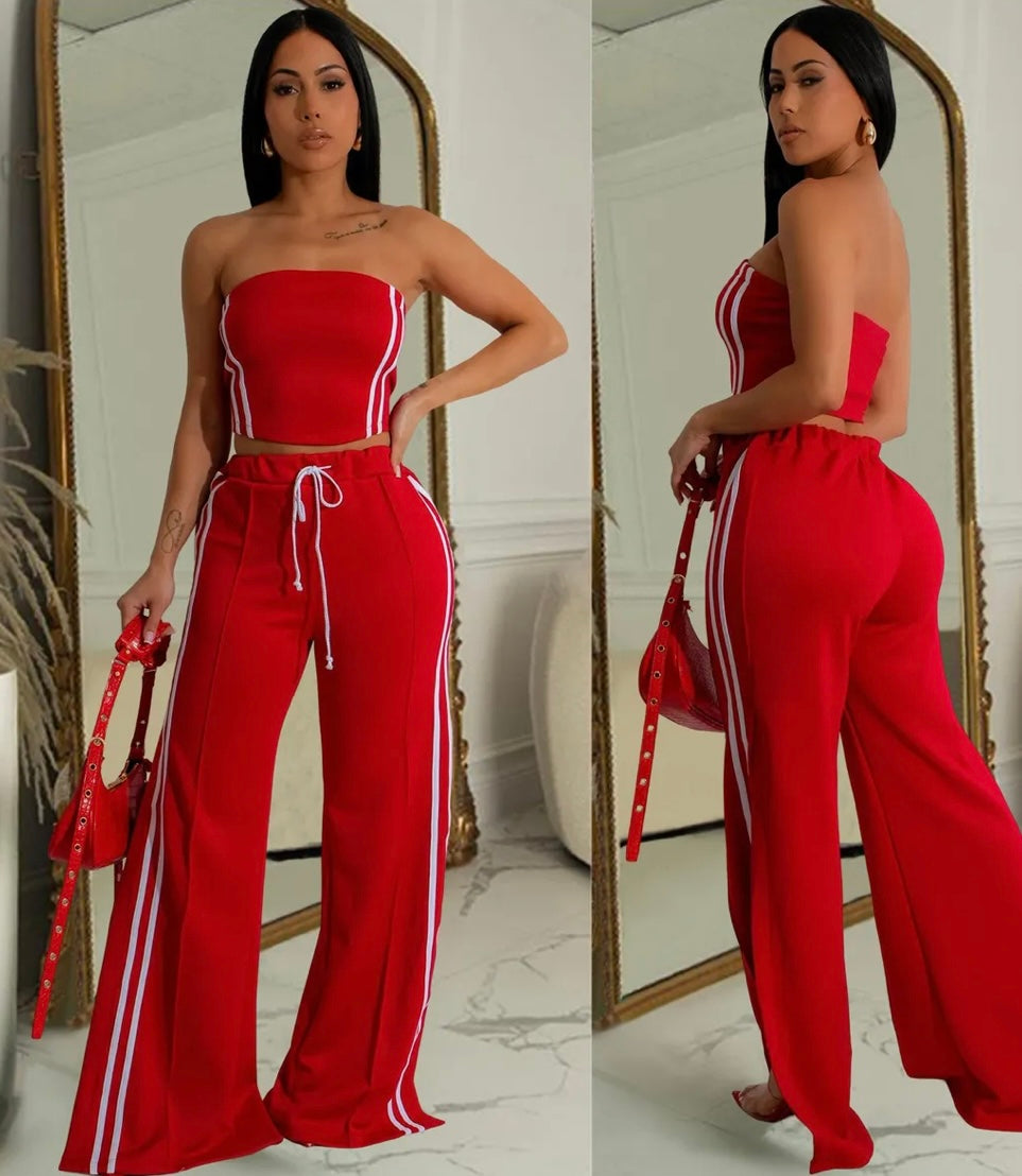 Fashionable Strapless And Wide-Leg Two-Piece Pants Set