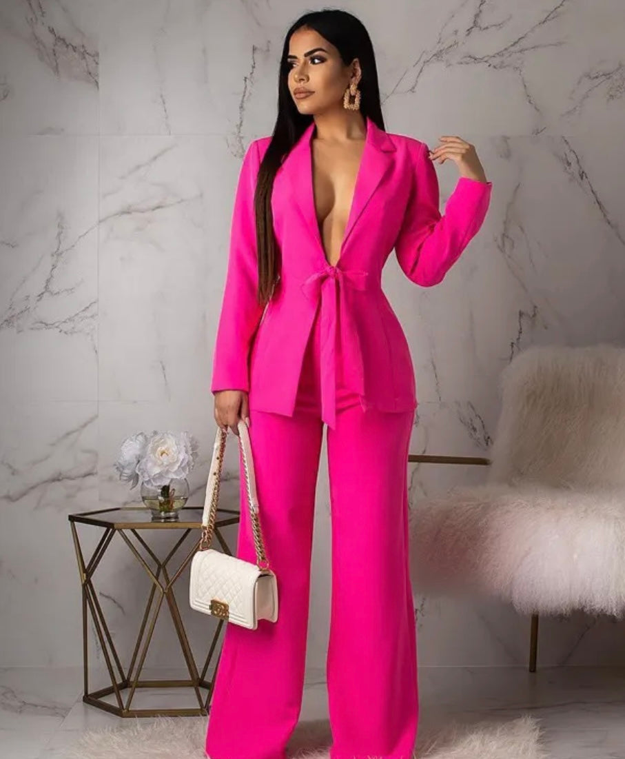 V Lace-Up Long Sleeve Blazer Jacket Wide Leg Pants Two-Piece Set