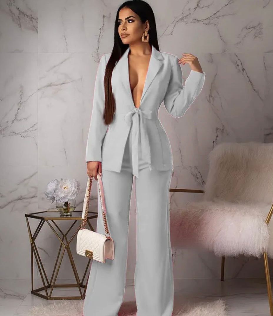 V Lace-Up Long Sleeve Blazer Jacket Wide Leg Pants Two-Piece Set