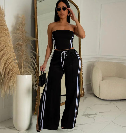 Fashionable Strapless And Wide-Leg Two-Piece Pants Set